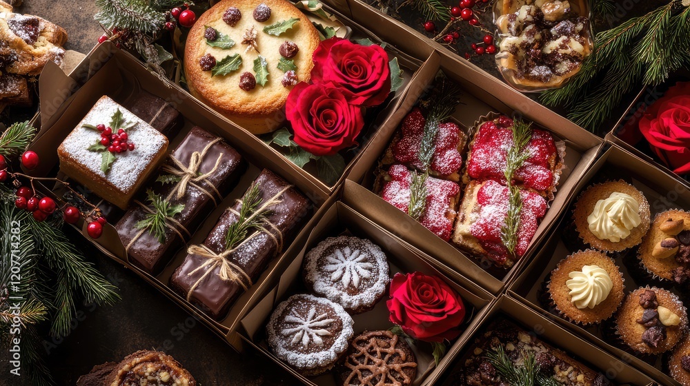 Fototapeta premium Festive Holiday Gift Boxes with Italian Cakes and Cookies Surrounded by Dried Roses and Mistletoe on a Dark Surface