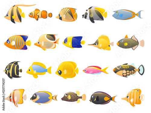 Cartoon tropical fish. Exotic aquarium life, bright colorful underwater inhabitants, ocean wildlife, patterned marine creations, Caribbean sea undersea goldfish vector isolated set