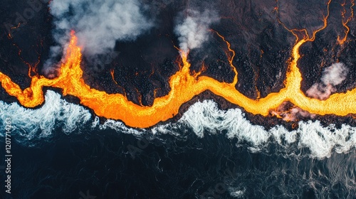 Aerial view of a vibrant river basin where molten lava meets ocean waves creating striking contrasts in color and texture against rugged terrain photo