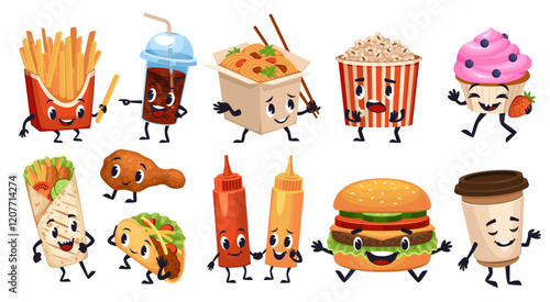 Cartoon fast food characters. Funny junk meal, cute French fries, muffin, hamburger with smiling faces, kebab hands and feet, cafe menu decorative, isolated emoji stickers, tidy vector set