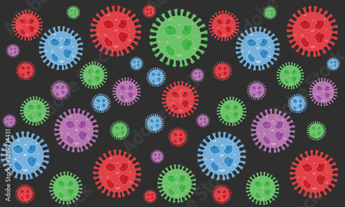 Background of Virus. Bacteria Biology Organisms Seamless Pattern. Virus Infection Ebola Epidemic Sick. Corona, HMPV, Covid and Human metapneumovirus. Flat Vector Illustration