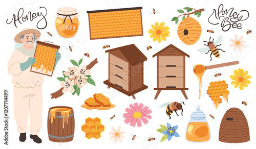 Cartoon apiary elements. Funny beekeeper with honeycombs, bees, beehives, and flowers, flying insects, healthy sweet syrup collecting, man producing organic sweet product, tidy vector set