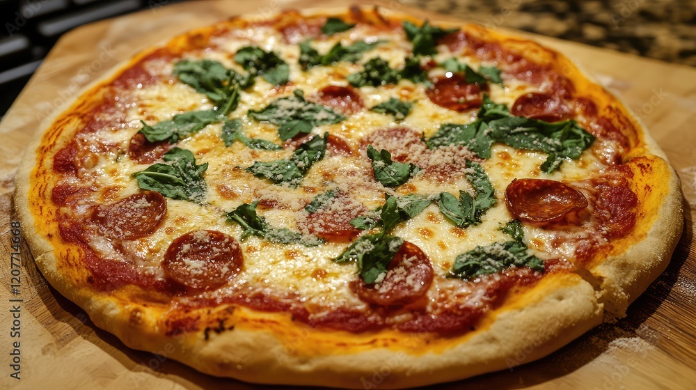 Delicious homemade pizza topped with prosciutto, cheese, and fresh arugula on a rustic wooden cutting board in warm kitchen lighting Delicious homemade pizza topped with prosciutto, cheese, and fresh arugula on a rustic wooden cutting board in warm kitchen lighting