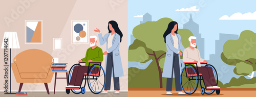 Caring elderly disabled people home and on street. Social worker helps old man in wheelchair. Female nurse or volunteer character. Medical assistance cartoon flat isolated vector concept