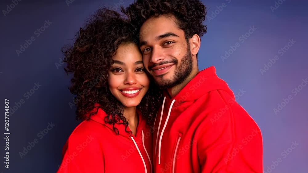 Stylish young black couple hugging and smiling in red clothes on colorful background. Portrait of african american, latino man and woman in love. Valentine's Day, romantic date, lovers footage concept Stylish young black couple hugging and smiling in red clothes on colorful background. Portrait of african american, latino man and woman in love. Valentine's Day, romantic date, lovers footage concept