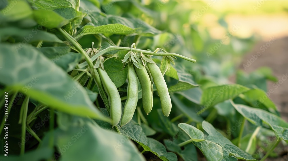 Fresh green haricot beans growing on a lush plant surrounded by vibrant green leaves in a natural outdoor setting. Fresh green haricot beans growing on a lush plant surrounded by vibrant green leaves in a natural outdoor setting.