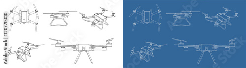 drone line vector set from all side view. technical drawing blueprint wireframe outline isolated on transparent background