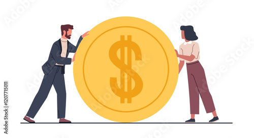 Businessmen and businesswomen pushing gold coin. Man and woman rolls huge money. Finance earning or savings, investment symbol, golden currency, cartoon flat isolated vector concept