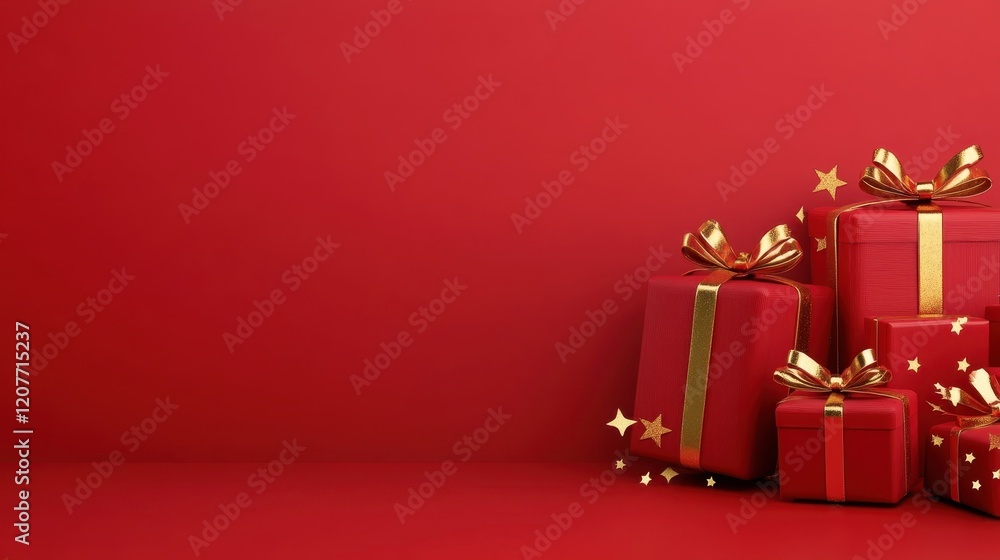 Festive Red Gift Boxes with Golden Ribbons and Stars on a Bright Red Background for Holiday Celebrations and Seasonal Decorations Festive Red Gift Boxes with Golden Ribbons and Stars on a Bright Red Background for Holiday Celebrations and Seasonal Decorations