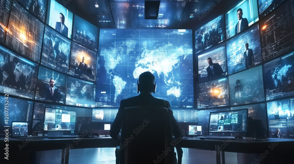 A lone figure oversees a global network of information on a wall of interconnected screens. A lone figure oversees a global network of information on a wall of interconnected screens.
