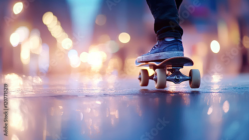 skateboarder gliding on wet urban street at night with vibrant bokeh lights
