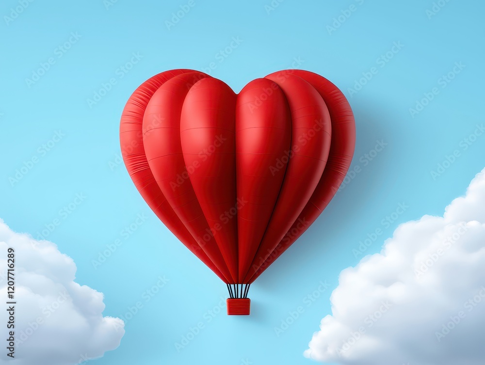 Fototapeta premium A vibrant heart-shaped hot air balloon soaring in a blue sky with fluffy clouds.