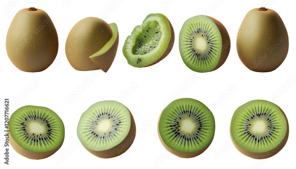 Fototapeta premium kiwi fruit mockup template with whole, halved, and sliced kiwis, multiple angles, transparent background