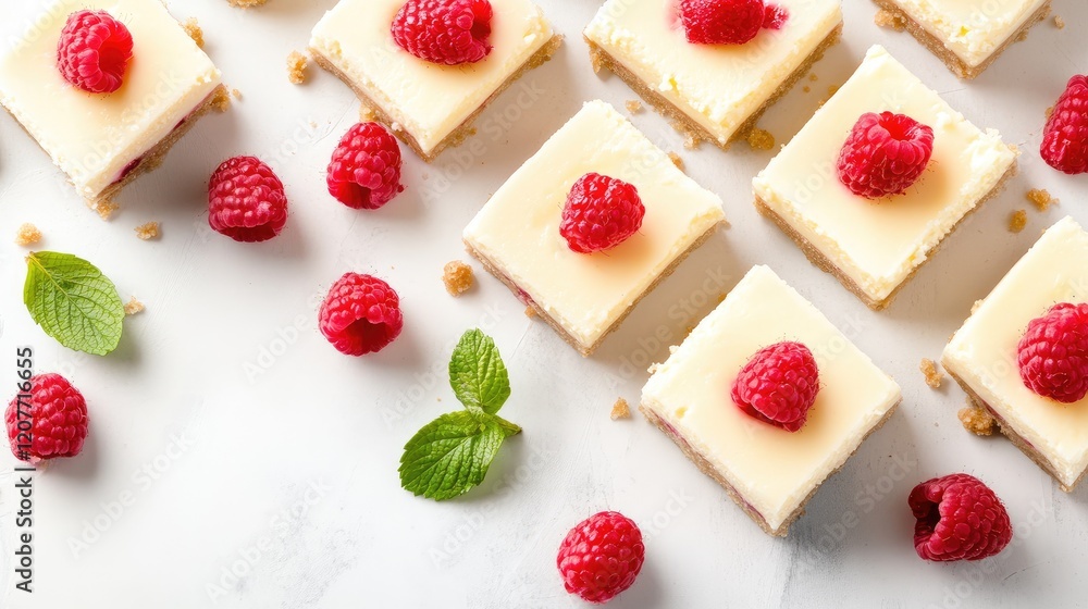 Delightful homemade raspberry crumble cheesecake bars arranged on a light marble surface with fresh green mint leaves and scattered raspberries. Delightful homemade raspberry crumble cheesecake bars arranged on a light marble surface with fresh green mint leaves and scattered raspberries.
