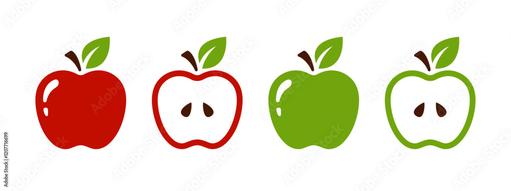 Red and green apple icon set whole and split on a half. Apple slice vector illustration. Ripe apple core with seeds symbol. Colorful healthy food sign. Piece of apple pictogram or glyph isolated. Red and green apple icon set whole and split on a half. Apple slice vector illustration. Ripe apple core with seeds symbol. Colorful healthy food sign. Piece of apple pictogram or glyph isolated.