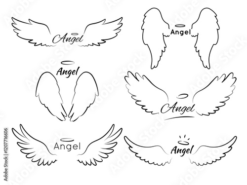 Angel wings with text. Sketch lettering, elegant calligraphic phrases, bird flight feather, simple girly tattoo contour, outline symmetry elements. Hand drawn line heraldic vector isolated set