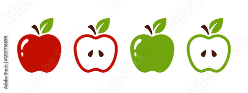 Red and green apple icon set whole and split on a half. Apple slice vector illustration. Ripe apple core with seeds symbol. Colorful healthy food sign. Piece of apple pictogram or glyph isolated.