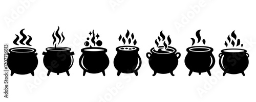 Magic cauldron silhouette set isolated on a white background.