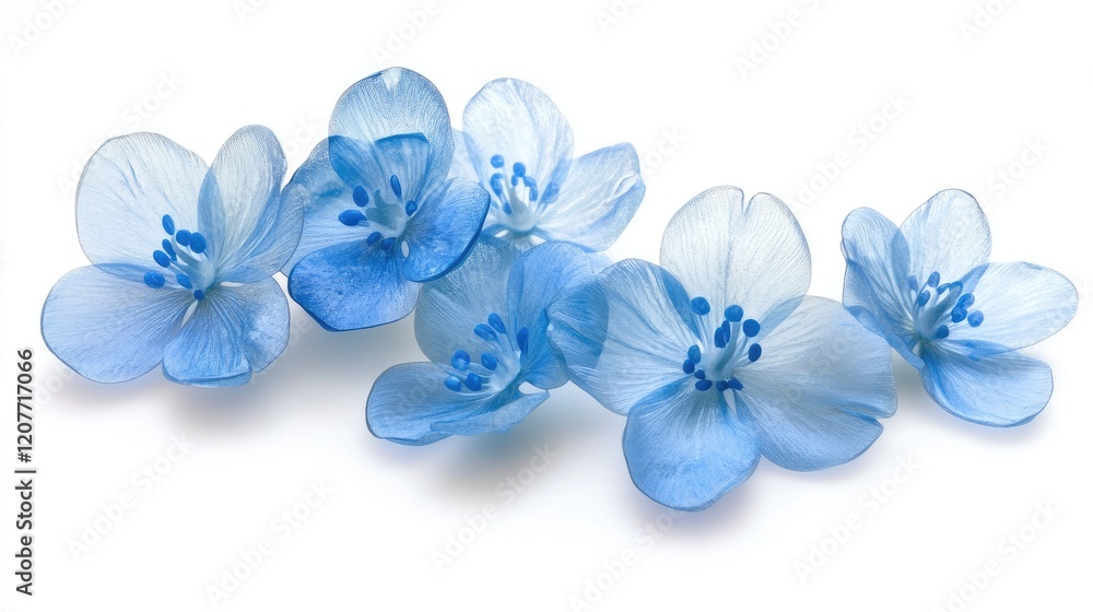 Elegant light blue Forget Me Not flowers arranged artistically on a clean white background showcasing their delicate beauty. Elegant light blue Forget Me Not flowers arranged artistically on a clean white background showcasing their delicate beauty.
