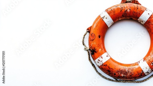 Vintage lifebuoy with weathered paint and rope detailed against a clean white background for maritime safety and rescue themes. photo