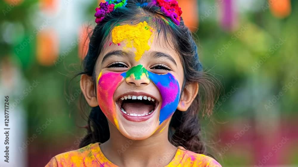 A joyful Indian girl with vibrant colors on her face, celebrating the festival of Holi A joyful Indian girl with vibrant colors on her face, celebrating the festival of Holi