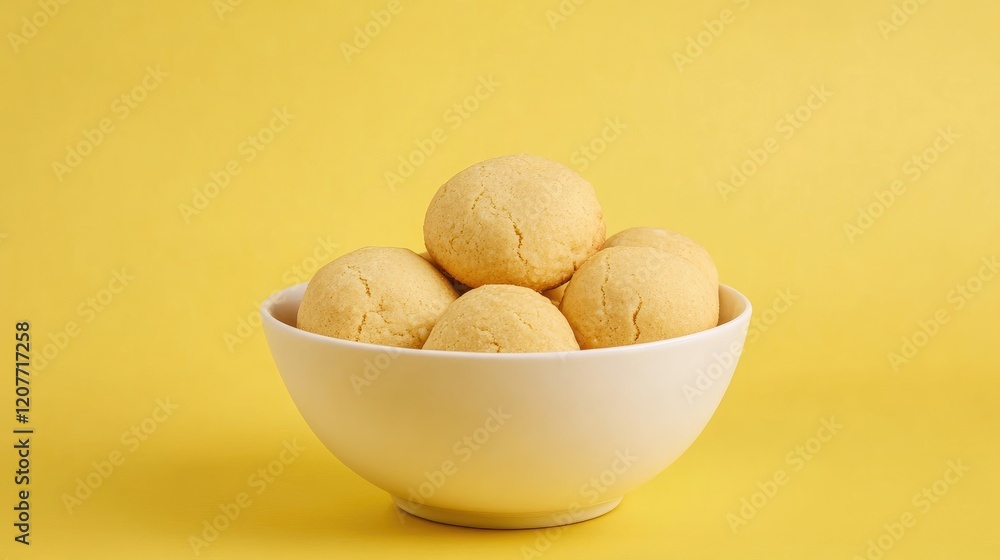 Delicious homemade cookies stacked in a white ceramic bowl against a vibrant yellow backdrop, showcasing a warm and inviting dessert atmosphere. Delicious homemade cookies stacked in a white ceramic bowl against a vibrant yellow backdrop, showcasing a warm and inviting dessert atmosphere.
