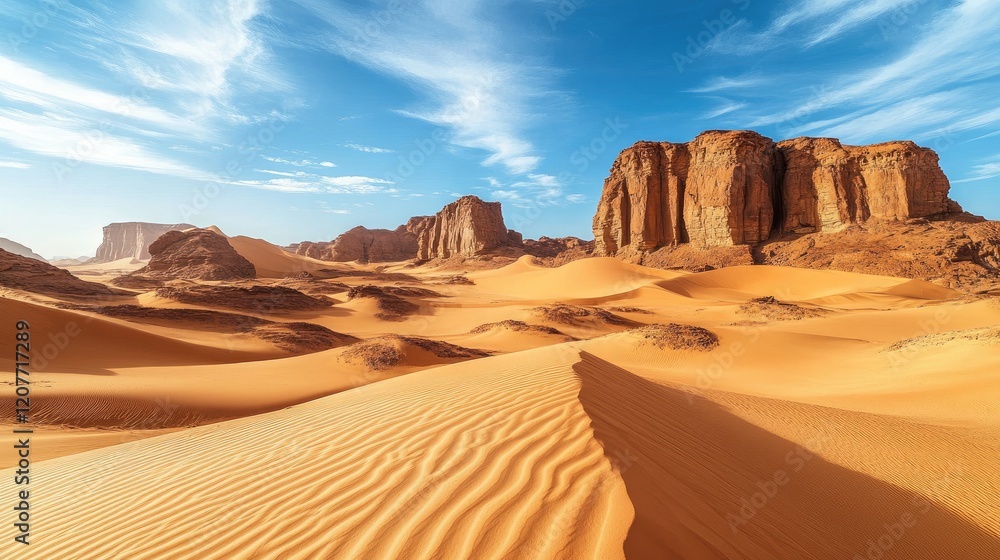 Majestic desert landscape featuring vibrant sand dunes and striking rock formations under a clear blue sky with dynamic cloud formations. Majestic desert landscape featuring vibrant sand dunes and striking rock formations under a clear blue sky with dynamic cloud formations.