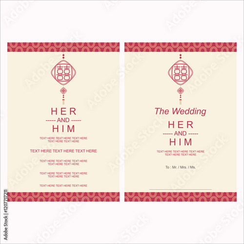 Chinese wedding invitation with calligraphy 囍 (shuang xi) meaning is double happiness. The Double Happiness symbol has traditionally been associated with marriage. Eps 10.
