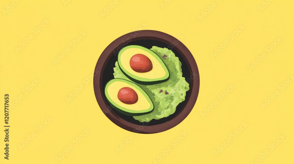 Vibrant Yellow Background with Homemade Guacamole in a Brown Bowl Featuring Whole Avocados Sliced in Half and Fresh Ingredients Vibrant Yellow Background with Homemade Guacamole in a Brown Bowl Featuring Whole Avocados Sliced in Half and Fresh Ingredients