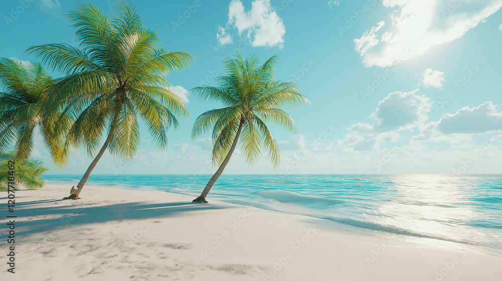 Palms on an empty idyllic tropical sand beach with crystal-clear turquoise water. Palms on an empty idyllic tropical sand beach with crystal-clear turquoise water.