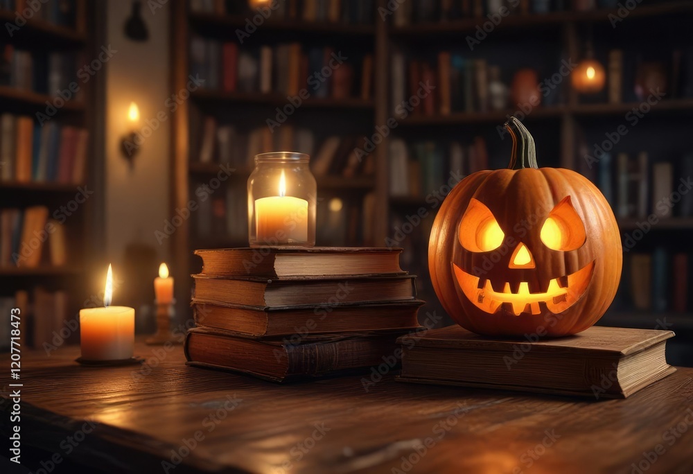 Fototapeta premium A colorful illustration of a jack-o-lantern sitting on a table surrounded by old books and candles in a dimly lit room, spooky atmosphere, seasonal decor., eerie ambiance