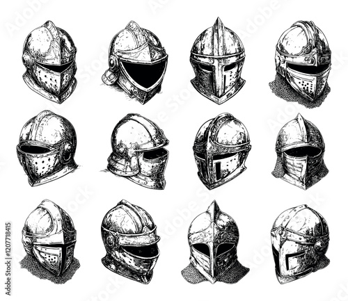 Knights Helmet With Visor Down Set Ink Style Vector Illustrations Unique Artwork Decorative Elements Artistic Visuals Modern Graphics Distinctive Style Medieval Armor Collection