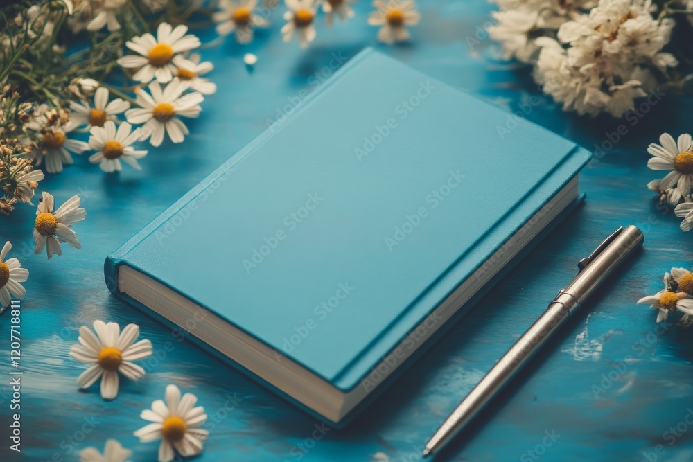 Fototapeta premium Memo book hardcover pen, flower, journey blue background.