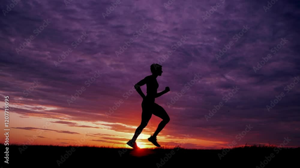 Runner enjoys evening jog against a stunning sunset backdrop in a peaceful outdoor setting Runner enjoys evening jog against a stunning sunset backdrop in a peaceful outdoor setting