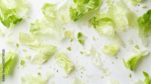 Fragmented fresh lettuce leaves on a white background creating a crisp and vibrant salad texture suitable for culinary presentations. photo