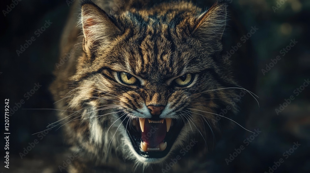 Fierce Wildcat with Intense Gaze and Sharp Fangs in Dark Forest Setting Highlighting Brown and Black Fur Textures Fierce Wildcat with Intense Gaze and Sharp Fangs in Dark Forest Setting Highlighting Brown and Black Fur Textures