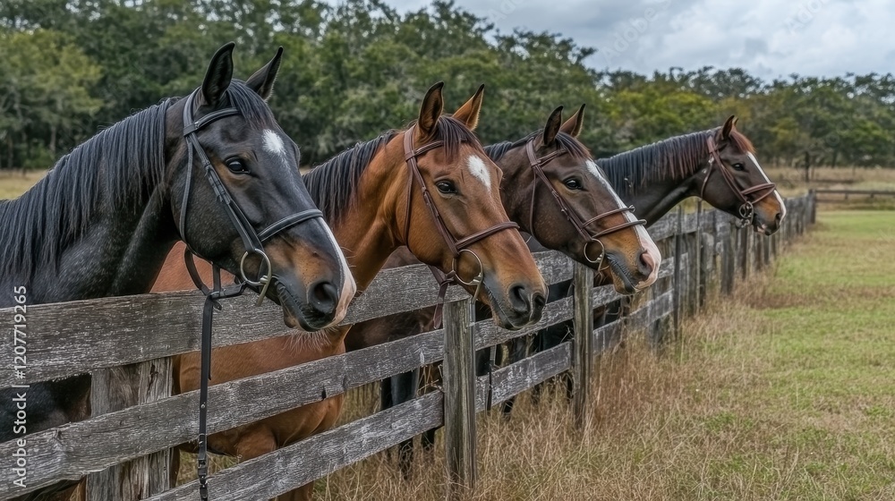 Four Horses by a Wooden Fence in Pasture Four Horses by a Wooden Fence in Pasture