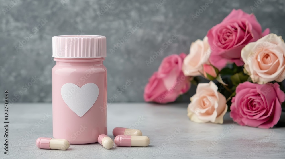 A pink bottle with a heart design sits beside colorful capsules and a bouquet of pink roses against a textured background. A pink bottle with a heart design sits beside colorful capsules and a bouquet of pink roses against a textured background.