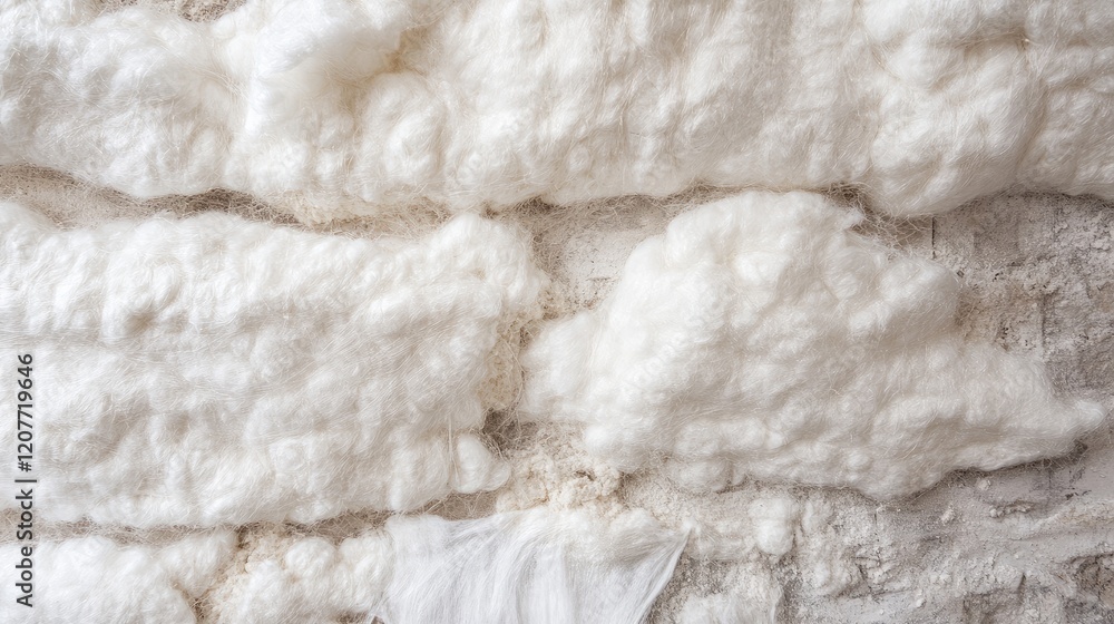 Obraz premium White Cotton Wool Insulation Material Installed in Residential Wall Structure for Energy Efficiency and Thermal Protection