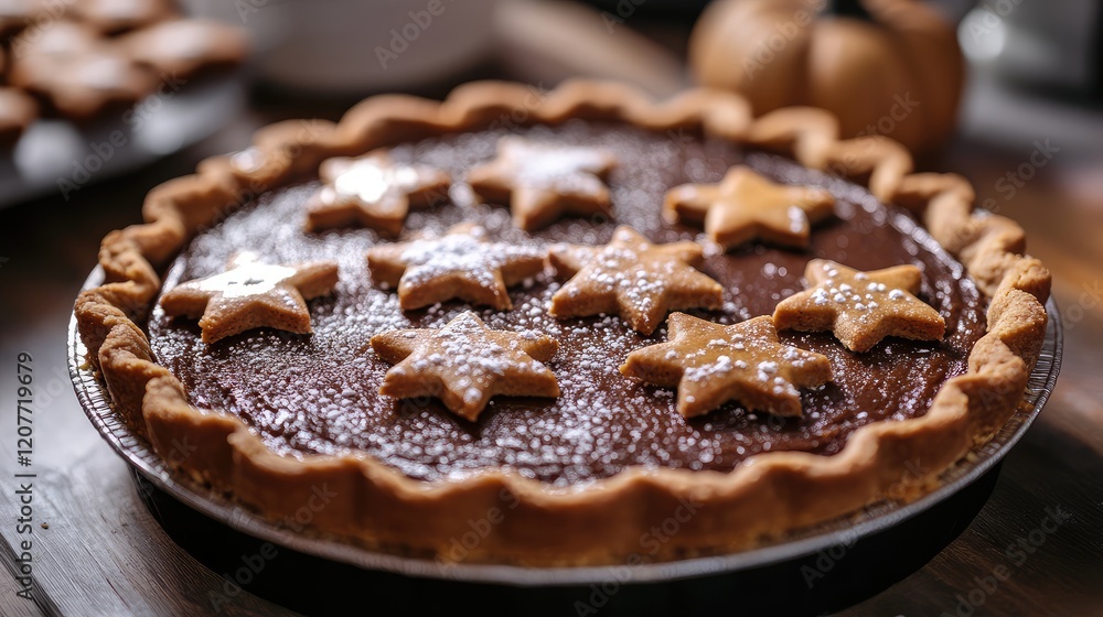 Pumpkin pie in a deep dish, topped with star-shaped gingerbread cookies and white sprinkles, set on a rustic wooden table. Pumpkin pie in a deep dish, topped with star-shaped gingerbread cookies and white sprinkles, set on a rustic wooden table.