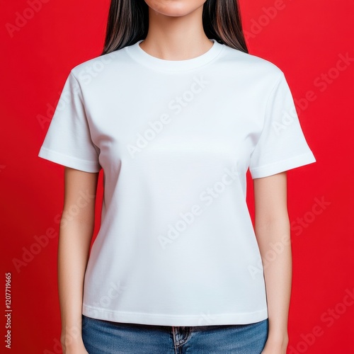 A woman wearing a plain white t-shirt stands against a vibrant red background, showcasing casual and stylish attire. photo