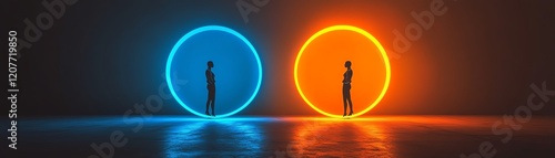 Two statuesque figures holding orange and blue circular rings in a minimal composition, modern design, sleek simplicity, ultrarealistic 8K render