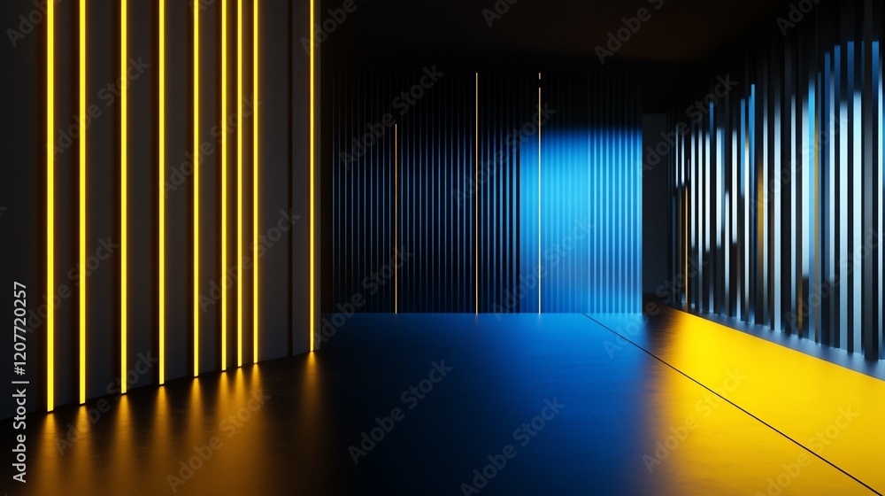 Illuminated Interior with Vertical Light Lines and Deep Blue Reflective Floor Illuminated Interior with Vertical Light Lines and Deep Blue Reflective Floor