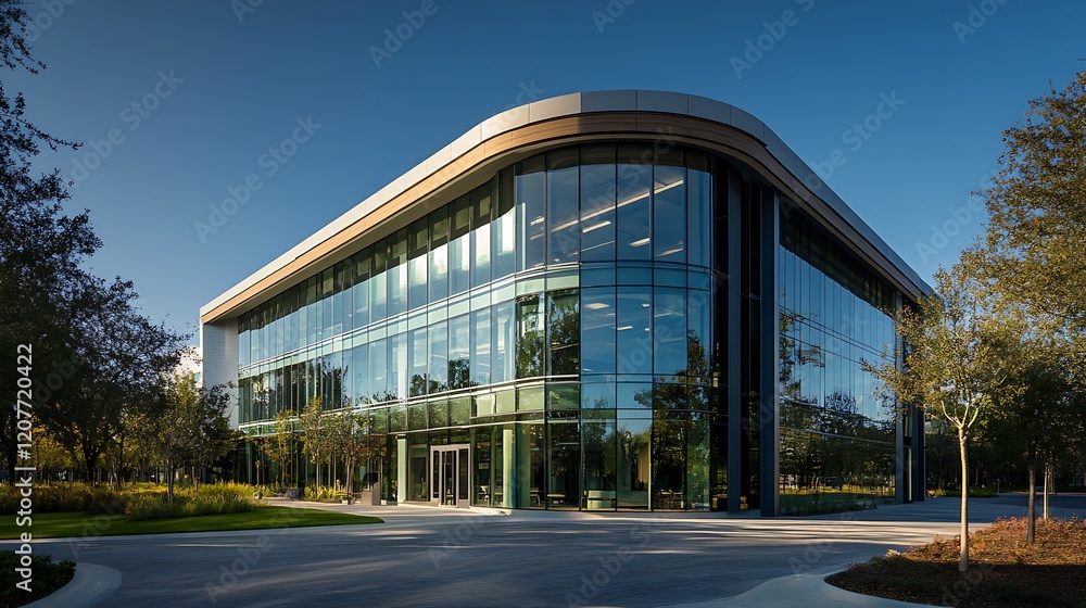 Fototapeta premium Modern glass office building with landscaped grounds.