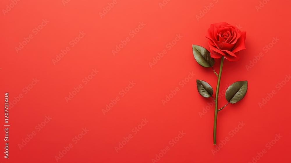 Vibrant Red Rose with Green Leaves on Bright Red Background Perfect for Celebrating Love, Romance, and Special Occasions in Stock Photography Collection Vibrant Red Rose with Green Leaves on Bright Red Background Perfect for Celebrating Love, Romance, and Special Occasions in Stock Photography Collection