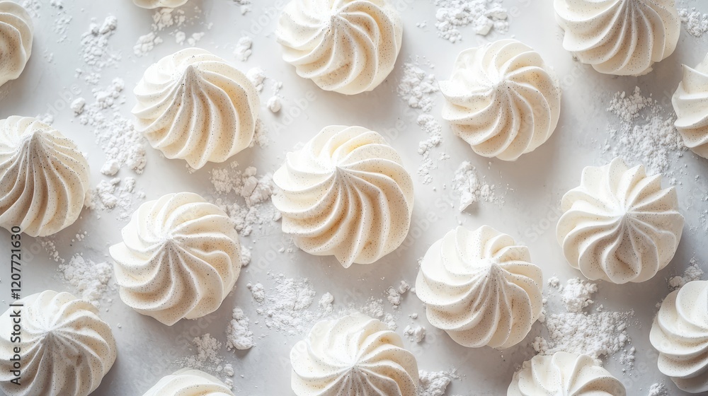 Delicate white meringue cookies arranged on a light surface with powdered sugar accents, captured from a top view angle. Delicate white meringue cookies arranged on a light surface with powdered sugar accents, captured from a top view angle.