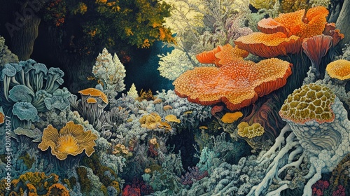 Lichens and Fungi Intertwined in Nature's Vibrant Ecosystem Illustration photo