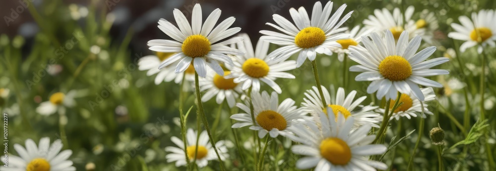 Fototapeta premium Close-up of wild chamomile and daisies in sunlight, oxeye daisies, beauty, chamomile flowers, close-up, petals