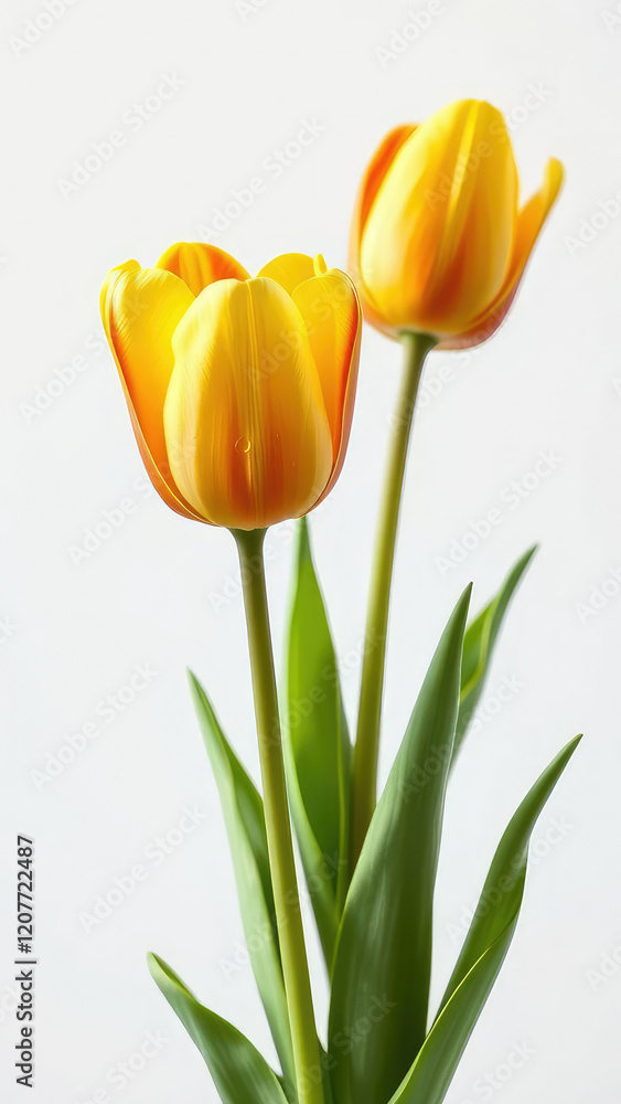 Close-up of yellow and red tulips in bloom against a clean white backdrop, botanical, seasonal, plant, vibrant