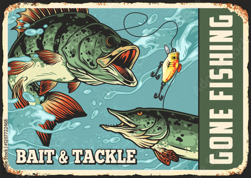 Vibrant illustration of fishing tackle and fish
